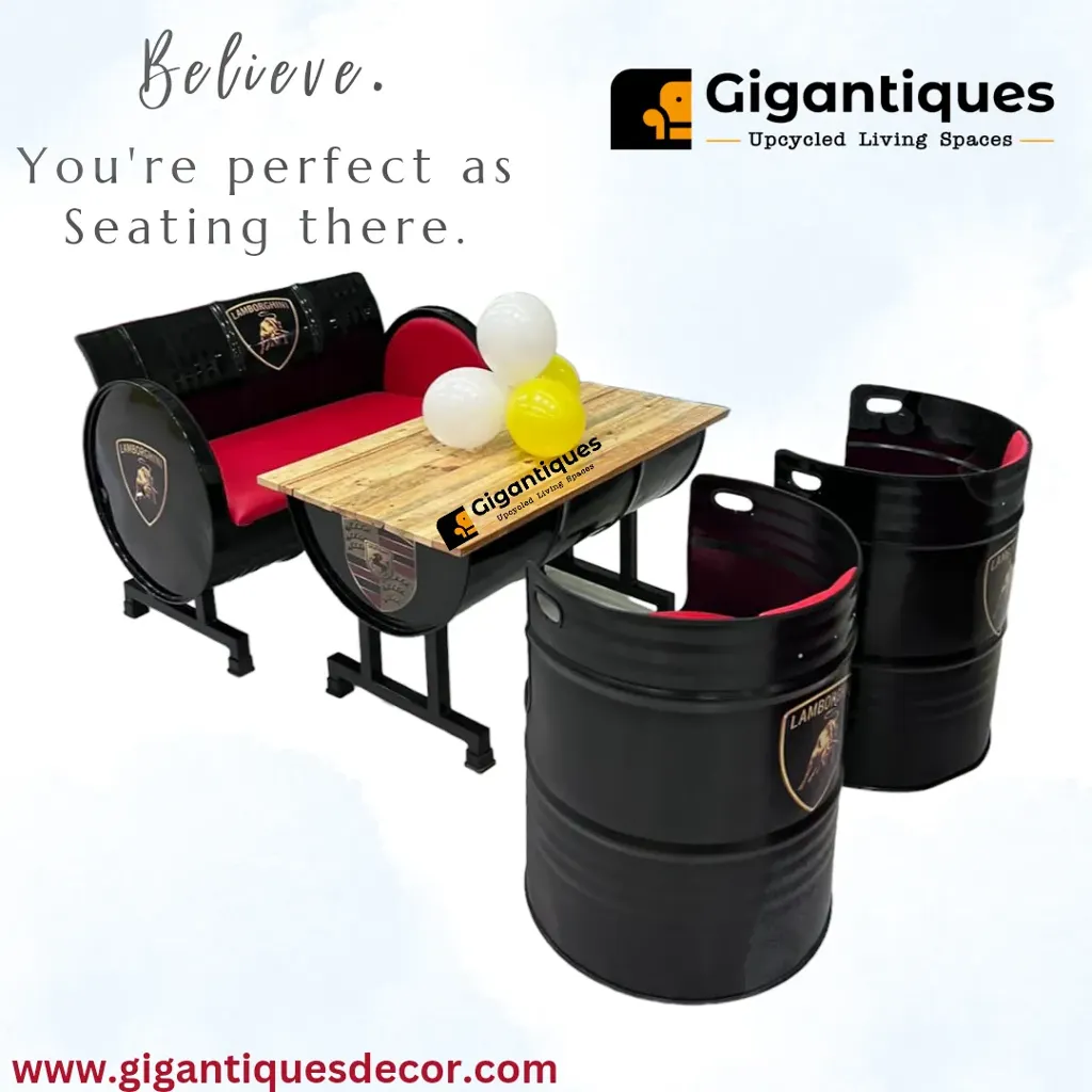 [GD79] 4 SEATER DINING SET WITH 2 SEATER METAL BACK SOFA / 2 MID BACK CHAIR  AND  HALF  BARREL 44X30 LAMINATED TOP TABLE