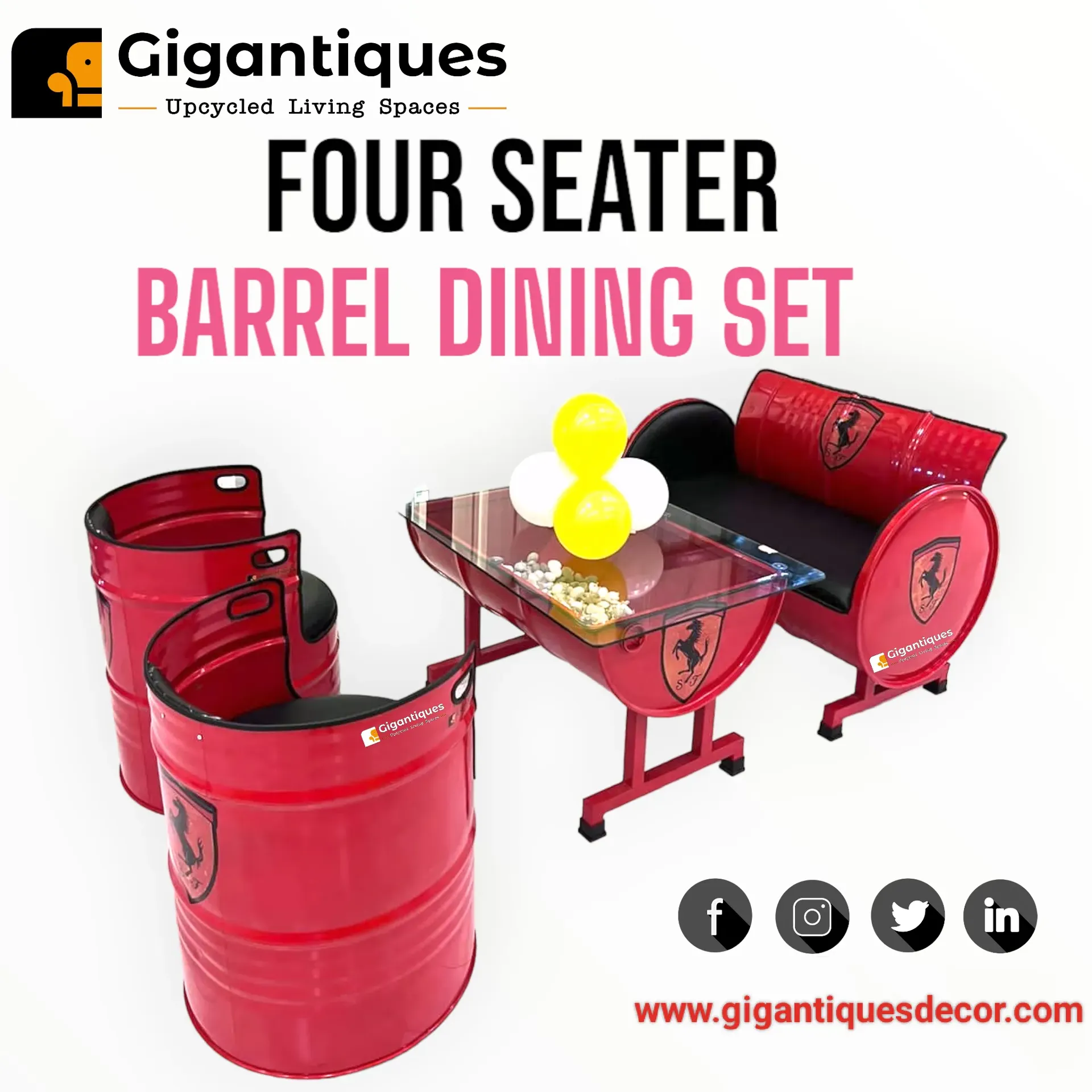 4 SEATER DINING SET WITH 2 SEATER METAL BACK SOFA / 2 MID BACK CHAIR  AND  HALF  BARREL 42 X 26 GLASS  TOP TABLE