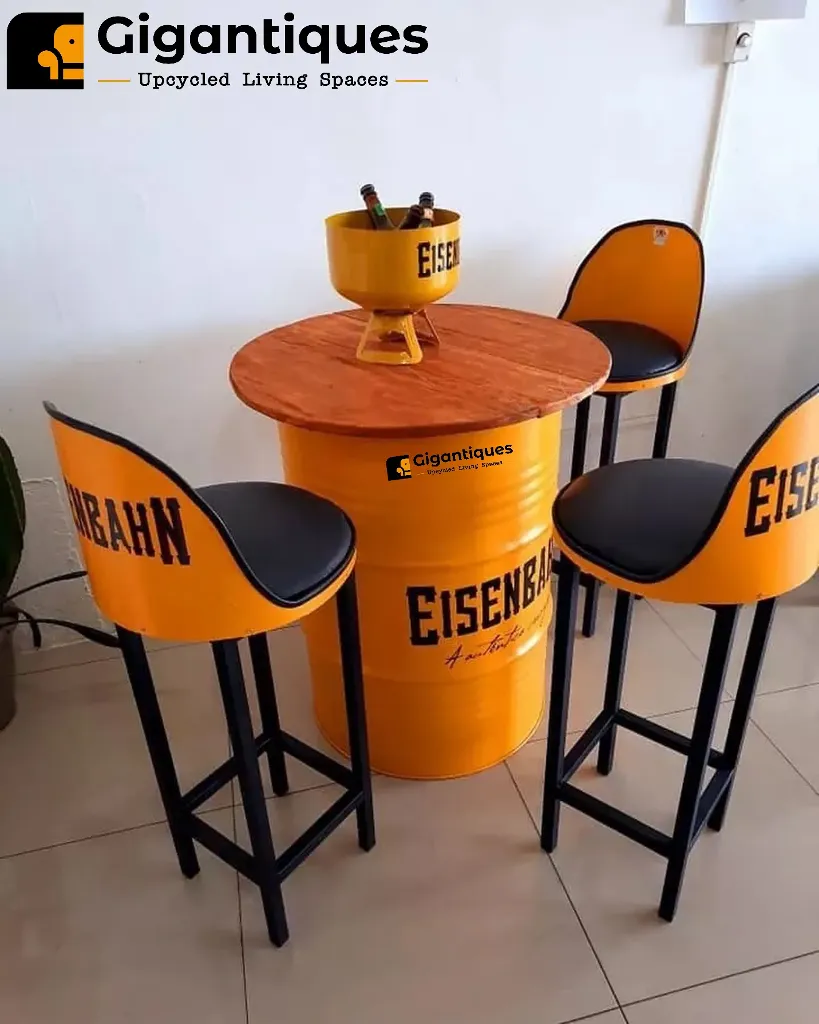 [GD 81] 3 SEATER HIGH BAR CHAIR WITH FULL BARREL 30 X30 X 36" INCH PINEWOOD TOP TABLE SET