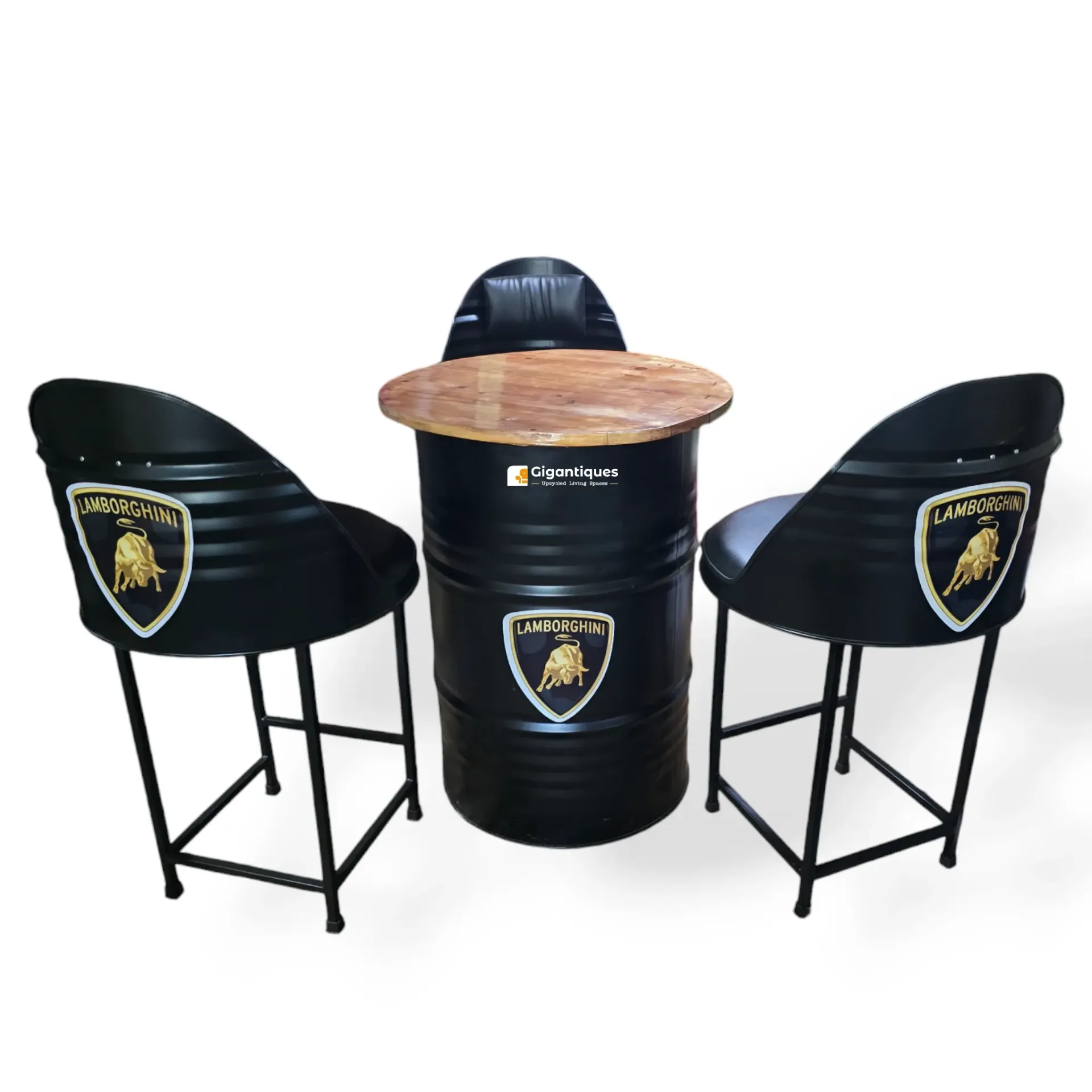 [GD82] 3 SEATER HIGH BAR CHAIR WITH FULL BARREL 30 X30 X 36" INCH PINEWOOD TOP TABLE SET