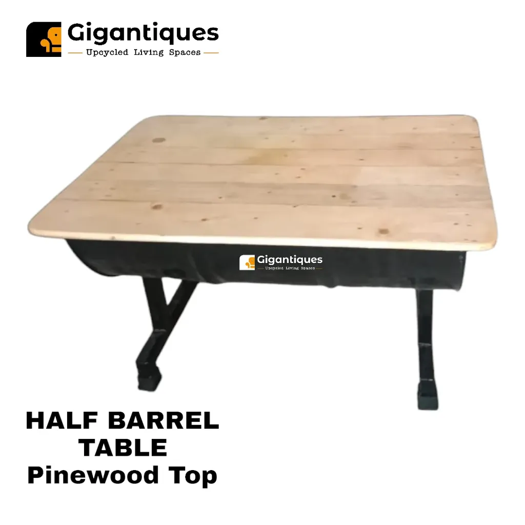 HALF BARREL TABLE WITH PINEWOOD TOP CENTER TABLE